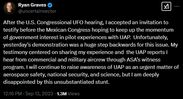 Ryan Graves tweet following the September 13, 2023 Mexican congressional hearing